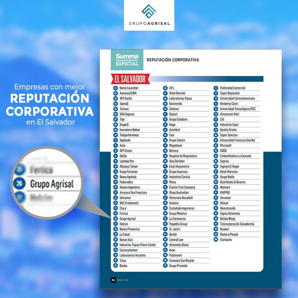 Grupo Agrisal en el Top 100 de las empresas en El Salvador